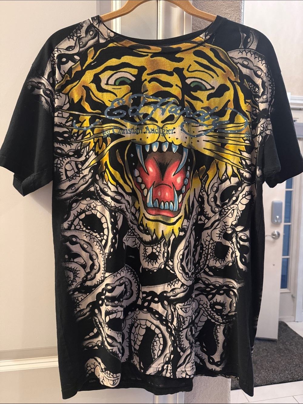 Ed Hardy Black Tee with Yellow Tiger and Red Accent Graphic